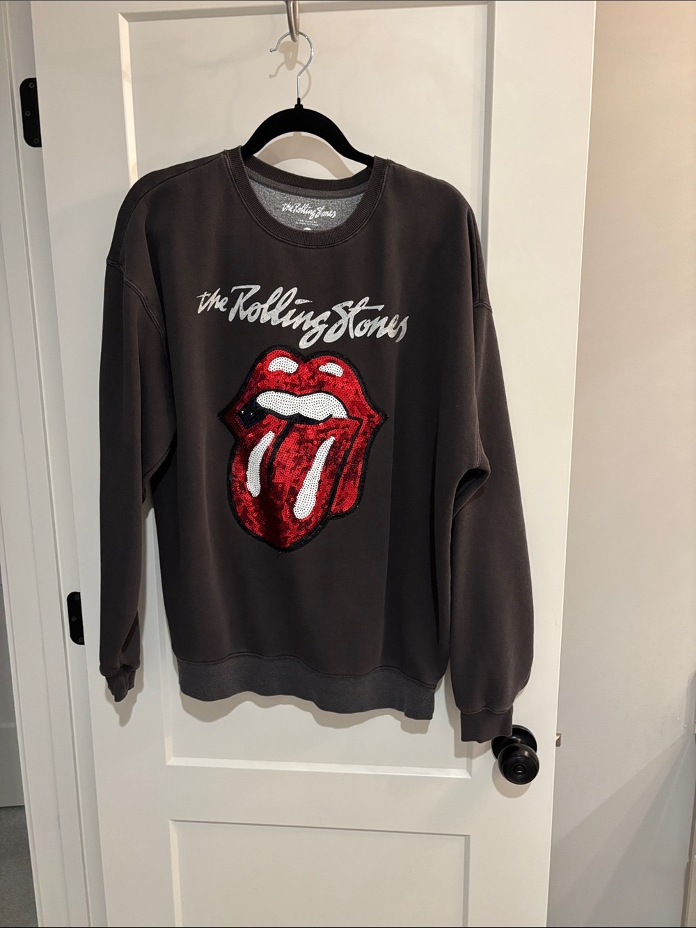 The Rolling Stones Charcoal Crewneck with Red Sequin Tongue